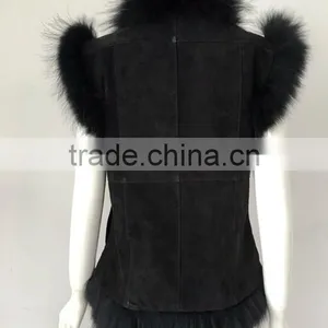 YR098 Genuine Suede Leather With Raccoon Fur Trimming Vest thumbnail-3