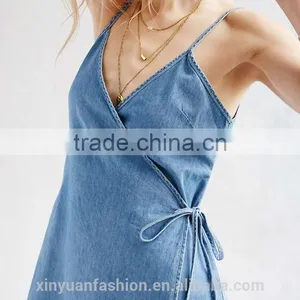 Apparel Denim Sexy Blue Plunge Neck Dress Spaghetti Strap Sashes Wrap Dresses Backless Sleeveless Street A-line Dress thumbnail-4