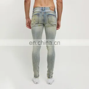 DiZNEW Denim Jeans Manufacturer Custom Hand Rhinestone Bandana Patch Distressed Jeans Man thumbnail-4