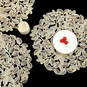 Flower Hollow Metallic Placemats Set of 6 Gold Leaf Round Placemats Non-Slip Wipeable Table Mats for Dinner,Party,Wedding Accent Centerpiece thumbnail-5