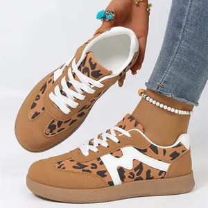 Buckskin Leopard Patchwork Lace Up Flat Sneakers White Mesh Color Block Patchwork Lace-up Sneakers Wholesale Women Running Shoes thumbnail-1