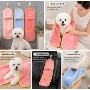 Ultra Absorbent Microfiber Pet Bath Towel - Fast Drying Dog Towel With Hand Pockets & Hanging Strap for Grooming, Travel, Paw Cleaning thumbnail-1