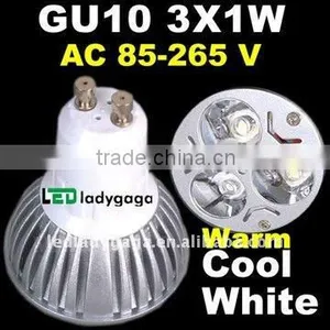 2012 NEW! High Cool White Warm White LED 3W Spot Lamp Bulb AC85~265V,270lm,High Strength Glass Heat Sink 3x1W GU10 Led Spotlight thumbnail-1