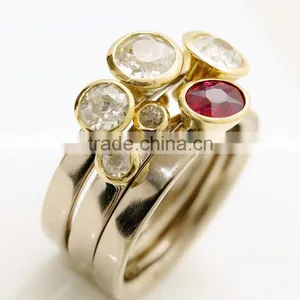 14K Gold Stacking Ring Diamonds Ruby and Clear Gemstone Stacking Rings Sets of 3 thumbnail-1