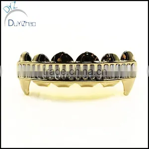 Gold Plated Grillz Two Row Upper Top Teeth Vampire Hip Hop Mouth Grills thumbnail-1