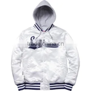 Satin Hooded Baseball Varsity Jacket / White Satin Varsity Jacket thumbnail-1