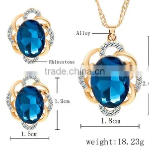 Online Shop Blue Zircon Stone Necklace Set Crystal Earring Jewelry Gold Plated thumbnail-3