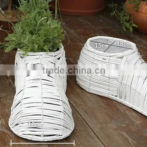 Handmade Creative Shoes Shape Plastic Lined White Wicker Flower Basket Wicker Flower Planter thumbnail-1