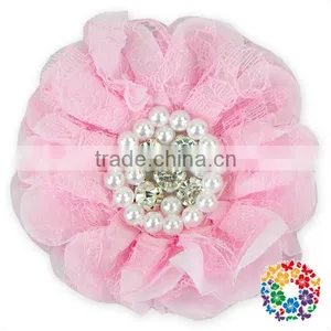 Red Chiffon Blossom Fabric Crystal Pearl Center Flowers thumbnail-3