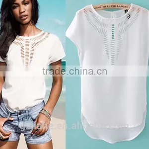 NEW 2015 Summer Women's Clothing Blouses Shirts Chiffon Front Hollow Out Vintage Short Batwing Sleeve Shirt Top 6 Colors thumbnail-1
