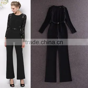 Round Neck Patch Embroidered Lace Long Sleeve High Empire Bell-bottoms Women Jumpsuit thumbnail-1
