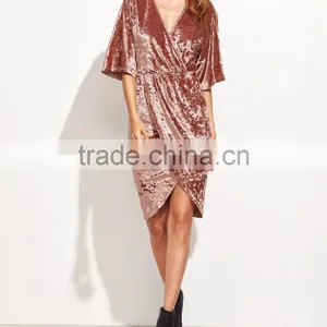 Womens Half Sleeve Crushed Velvet Wrap Dress Ladies V Neck Tunic Irregularity Velvet Knee Length Dress thumbnail-3