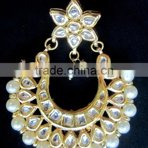 Kundan Jadau Earring Tikka Gold Plated Chand Bali Set thumbnail-2
