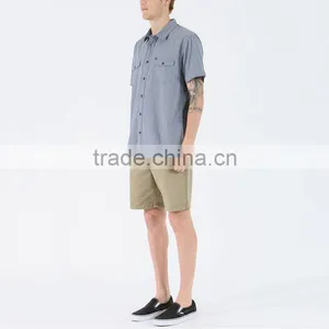 New Stylish Dress Shirt With Square Collar Plain Grey Mens Short Sleeve Silk Shirts thumbnail-1