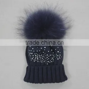 Myfur Navy Knitting Beanie Hat With Stones Real Raccoon Fur Ball Top For Teenager Boys thumbnail-5