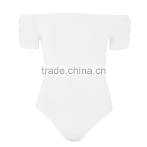Drawstring Eyelet Ribbed Top Bardot Neckline off Shoulder Bodysuit thumbnail-6