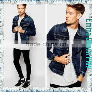 Manufactory Wholesale Turn Down Collar Mens Cropped Length Slim Fitted Blue Jean Jackets thumbnail-2