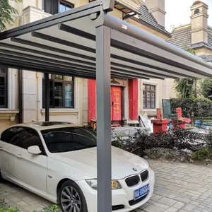 Retractable Fabric Roof Aluminum Carport With LED Lights, Modern Outdoor Canopy for Villa Parking & Driveway thumbnail-3