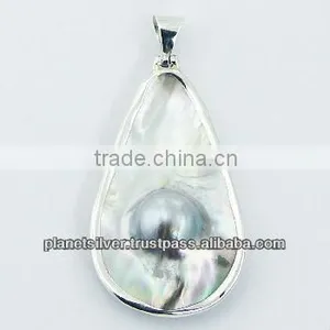 Sterling Silver Shell Pendant Drop Shaped Blister Pearl thumbnail-1