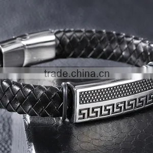 Latest Design Wide Braided Leather Bracelet Men Black Genuine Leather Bangle 316L Stainless Steel Magnetic Clasp thumbnail-3