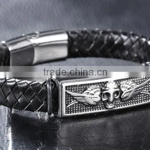 Halloween Punk Skull Wings Genuine Leather Bracelet Unisex Stainless Steel Clasp Cuff Bangle thumbnail-3