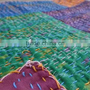 Queen Patchwork Kantha Quilt, Handmade Bedspread India, Printed Patches, Cotton Bedspread thumbnail-1