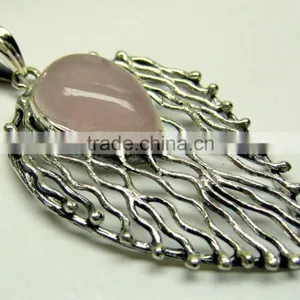 Rose Quartz Pear Oxidised Cabochon Gemstone Pendant, 925 Solid Sterling Silver Pendants, Designer Bezel Casting Pendant thumbnail-1