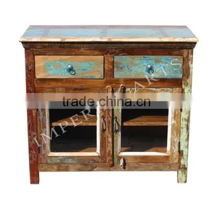 INDIAN RECYCLE GLASS WOOD 2 DRAWER SIDE BOARD thumbnail-2