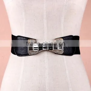 Wholesale Rhinestone Paved Butterfly Buckle Sex Women Lady Wide PU Waist Belt thumbnail-1