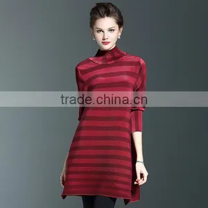 Spring Models Lady Casual Clothing Stripped Turtleneck Crinkled Dress thumbnail-1
