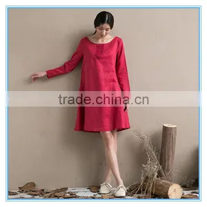 Fashion Red Linen Ladies Winter One Piece Dress of Large Size thumbnail-6