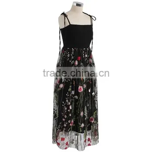 NEWEST WOMEN Self-tie Strap and Floral Embroidery Black Mesh Dress thumbnail-6