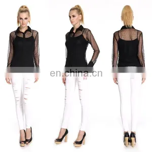 Factory Price Cheap Embellished Blouse, Black Mesh Blouse , Sexy See-through Blouse For Ladies thumbnail-3