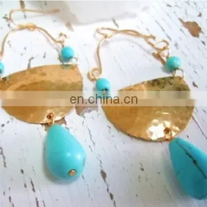 Turquoise Beads Hammered Brass Earrings thumbnail-1
