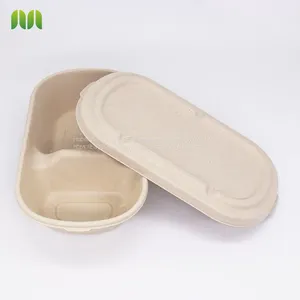 Sugarcane Bagasse Take Out Food Container 2 Compartment Oval Bgasse Bowl With Lid thumbnail-1