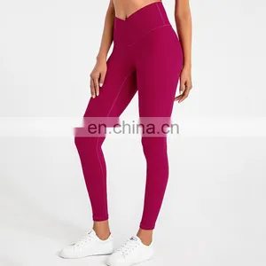 Ready To Ship Custom Logo 20 Neon Colors Yoga Leggings Cross Waistband High Waist Women Gym Sports Wear Yoga Tights Workout Wear thumbnail-1