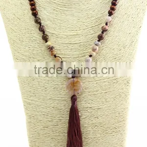 Unisex Women Wooden Beaded Necklace Gemstone Pendant Necklace With Tassel thumbnail-3