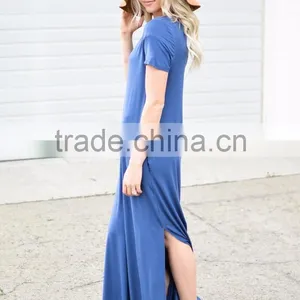 Floor Length Dress Pattern Short Sleeve Crisscross Neck Slit Design Maxi Dress One Piece Long Dress thumbnail-4