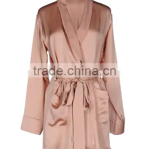 Customize Ladies Luxury Silk Long Sleeve Dressing Gown, Lapel Collar, Knee Length Gown Robe thumbnail-1