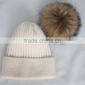 Myfur Wholesale Classic Beige Angola Rabbit Custom Knitted Pom Beanie Hat With Fur Pom thumbnail-6