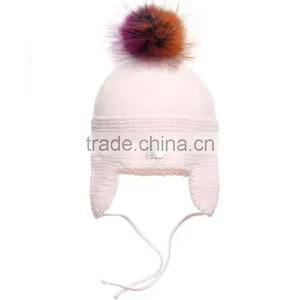 Myfur Factory Customized Kids Cotton Earflap Knitting Cap With Detachable Raccoon Fur Pom Pom thumbnail-1