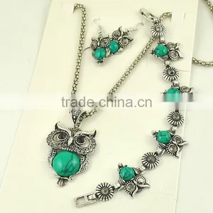 Top Green Red Blue Turquoise CZ Owl Necklace Bracelet Earrings Vintage Silver Jewelry Set thumbnail-6