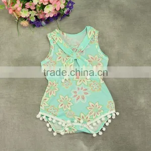 Baby Girls' Cotton Sleeveless Full Flower Print Pom Pom Romper thumbnail-4