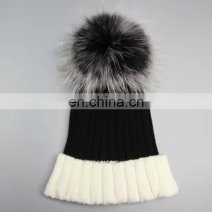 Women Raccoon Fur Poms Hat With Large Poms Wholesale China Knitting Fur Poms Hat thumbnail-5
