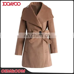 Women's Winter Long Coat Wide Collar Long Sleeve Belted Wool Blend Coat in Tan thumbnail-1