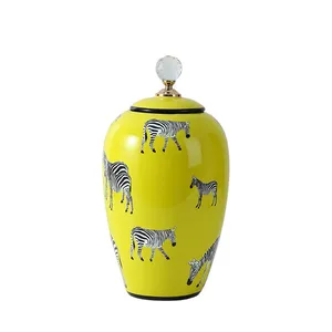 Nordic Style Modern Cylinder Tableware Yellow Zebra Painting Ceramic Flower Storage Vases With Round Crystal Lid For Dining Room thumbnail-1
