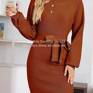 New Knit Solid Color Slim Women's Long-sleeved Bag Hip Off-shoulder Dress thumbnail-5
