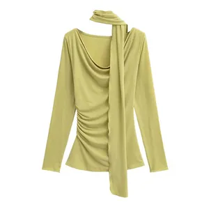 Pure Desire Style Loose Collar Hanging Neck Streamer Long-sleeved T-shirt Spring Design Pleated Slim Body Hot Girl Bottom Shirt Women thumbnail-4