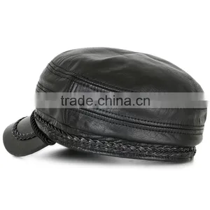 Blank Plain Black European Simple Style Flat-Top Outdoor PU Leather Military Style Caps Quality Choice thumbnail-2