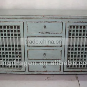 Chinese Antique Furniture Pine Wood Shanxi Blue Four Drawer Two Door Cabinet thumbnail-1